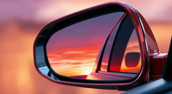 El retrovisor lateral, que es obligatorio, refleja un atardecer vibrante.