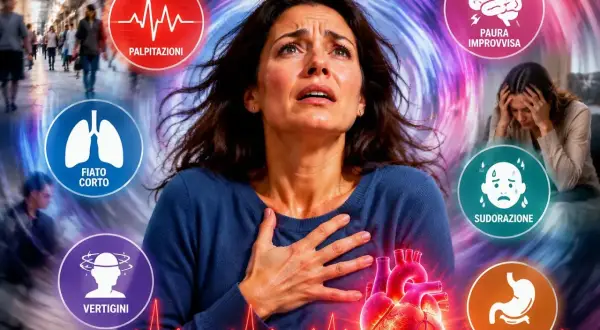 Donna con espressione di terrore, circondata da simboli di sintomi: palpitazioni, fiato corto, vertigini, sudorazione, nausea e una grande immagine di un cuore pulsante. Il tutto evoca la **paura di morire improvvisamente**.
