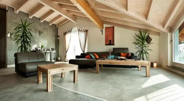 Nowoczesny salon z podłogą z żywicy, która ma pewne wady, ale dodaje wnętrzu charakteru. Drewniane belki na suficie i jasne meble tworzą przytulną atmosferę.