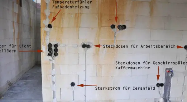 Elektrische Installation in einem Neubau mit markierten Steckdosen für verschiedene Geräte und einem Temperaturfühler. Der Abstand der Steckdosen ist für die spätere Nutzung optimiert.