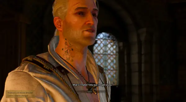 Geralt z Rivii z charakterystycznym tatuażem na szyi, przypominającym ten z Wiedźmin 2.