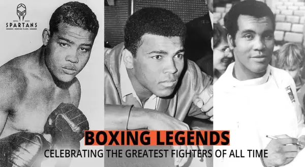 Collage of famous boxers, including Joe Louis, Muhammad Ali, and Rocky Marciano, celebrating the greatest fighters of all time.