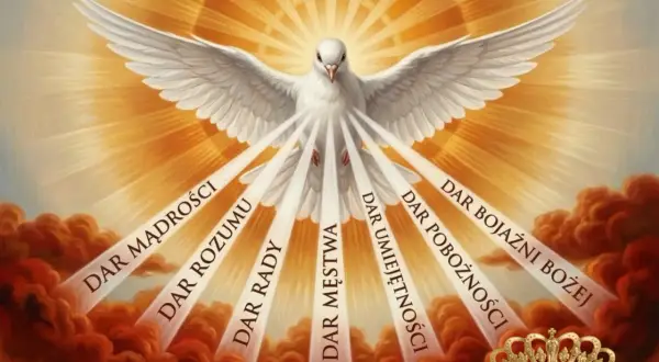 Biały gołąb z rozpostartymi skrzydłami, z którego wychodzą promienie światła z darami Ducha Świętego. To obraz amazing grace.