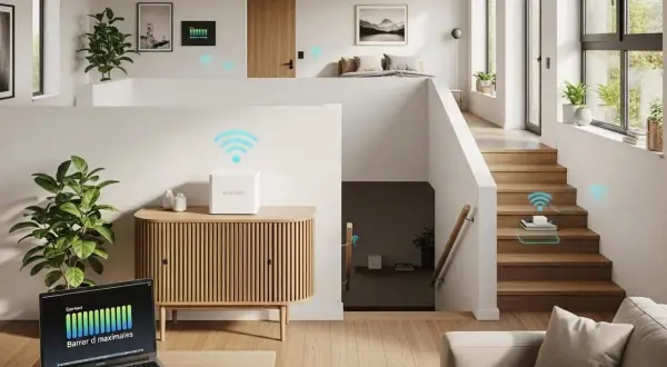 Un routeur moderne diffuse le signal wifi 2.4 ghz dans une maison lumineuse, assurant une connexion partout.