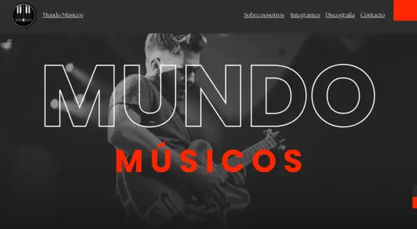 Un músico toca la guitarra en un escenario, con el texto "Mundo Músicos" superpuesto. Un ejemplo de dossier de prensa para artistas.
