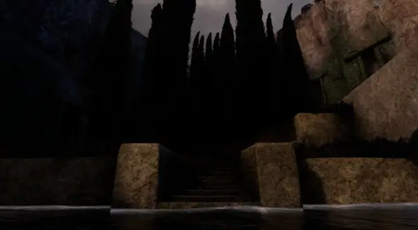 Mroczna, kamienna sceneria przypominająca "Arnold Böcklin Wyspa Umarłych". Woda, schody i cyprysy tworzą atmosferę tajemnicy.
