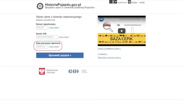 Pole "Data pierwszej rejestracji" w dowodzie pojazdu. Wpisz datę, aby sprawdzić historię pojazdu.