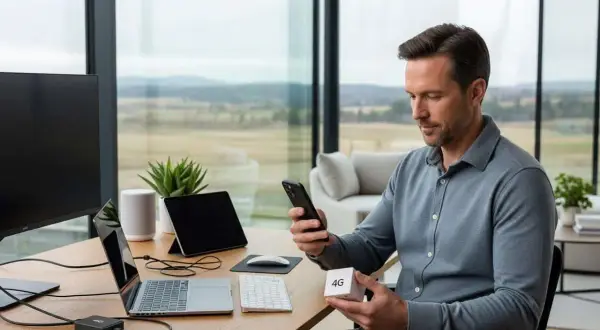 Un homme utilise un appareil 4G pour avoir internet sans box, avec un ordinateur portable et un téléphone.