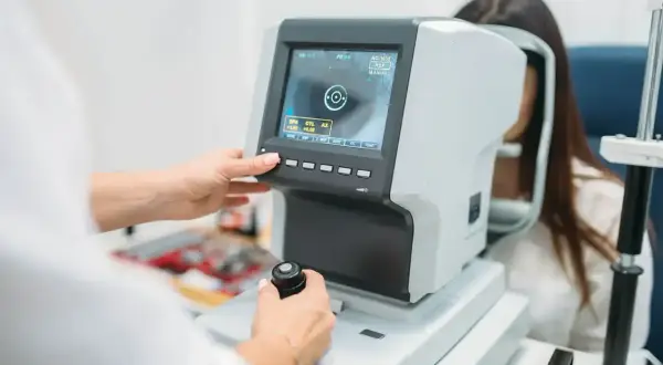 Badanie dna oka: ile kosztuje? Optometrysta wykonuje badanie wzroku na nowoczesnym sprzęcie, analizując obraz na ekranie.