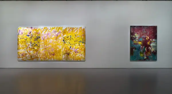 Abstract paintings by Megan Rooney displayed in a gallery. One is a triptych of vibrant yellow and pink strokes, the other a dark, moody canvas.
