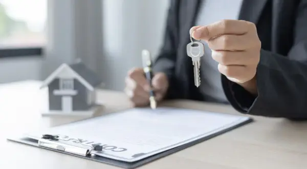 Persona firma un contrato de alquiler con opción a compra, sosteniendo la llave de una casa en miniatura.