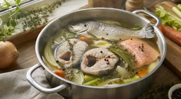 Un poisson entier et des darnes de poisson cuisent dans un court-bouillon avec des légumes et des herbes.