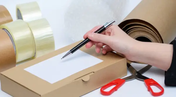 Dłoń z długopisem nad kartonowym pudełkiem, obok taśma, nożyczki i papier pakowy.