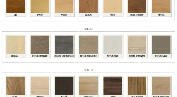 Tabella colori per legno: tonalità calde (Teak, Bambù, Faggio, Ciliegio, Abete, Noce Europeo, Rovere), fredde (Betulla, Rovere Morello, Rovere Fior di Pesco, Rovere Veneziano, Rovere Milk, Rovere Sfarinato, Rovere Sand) e neutre (Olmo, Frassino, Wengè,...