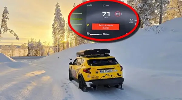 Gul Dacia Dokker med takbox på snöig väg. Varningslampan "Pericol avarie motor" lyser, ett tydligt Dacia Dokker problem.