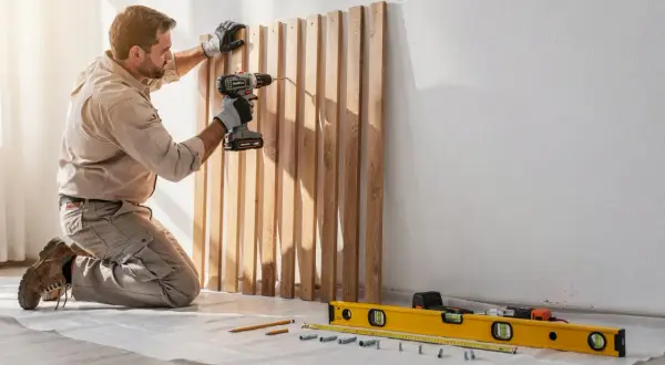 Un homme agenouillé fixe des lattes de bois brut sur un mur avec une perceuse. Des outils de mesure sont au sol.