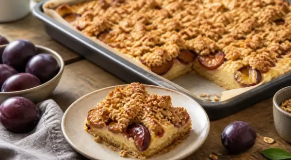 Ein Stück Zwetschgenkuchen mit knuspriger Streuselhaube, perfekt nach dem crumble grundrezept. Daneben eine Schüssel mit frischen Zwetschgen.