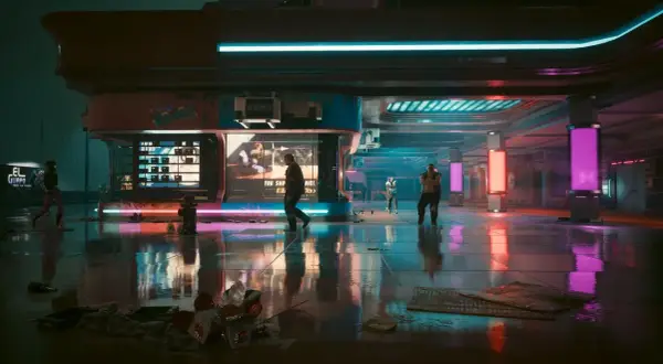 Deszczowa noc w cyberpunkowym mieście. Neonowe światła odbijają się w mokrej posadzce, tworząc atmosferę jak z **domu lalek cyberpunk**.