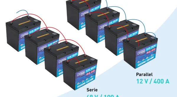 Configurazione di batterie LiFePO4 per come caricare batterie lifepo4: serie 48V/100A e parallelo 12V/400A.
