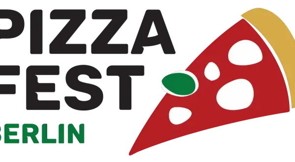 Pizza Fest Berlin: Ein riesiges Stück Pizza mit grünen und weißen Belägen, das für das bevorstehende Pizza Festival in Berlin wirbt.