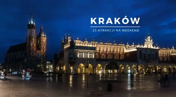 Nocny Rynek Główny w Krakowie, z Sukiennicami i Kościołem Mariackim w tle. Idealne miejsce na weekendowe wydarzenia.