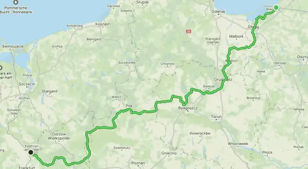 Trasa rowerowa R1 biegnie przez Polskę, od Świnoujścia, przez Bydgoszcz, aż po Braniewo.