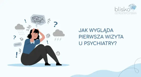 Kobieta zmartwiona, otoczona symbolami chaosu i pytań, przygotowuje się na wizytę u psychiatry.