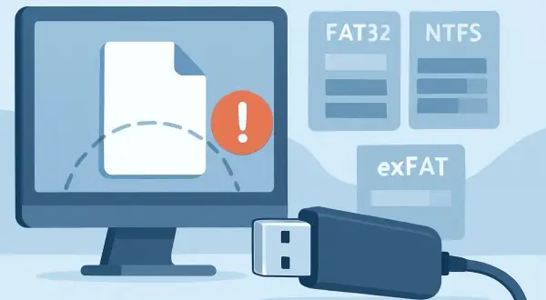 Problem z plikiem na pendrivie, system plików FAT32 może być przyczyną. Obok ikony błędu widoczne są opcje formatowania: FAT32, NTFS, exFAT.