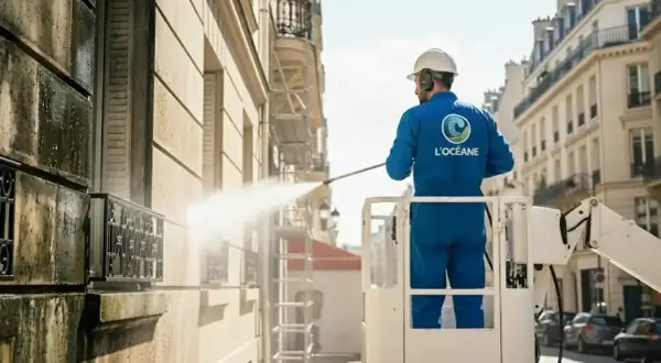 Un ouvrier en nacelle effectue le nettoyage mur extérieur d'un immeuble parisien avec un nettoyeur haute pression.