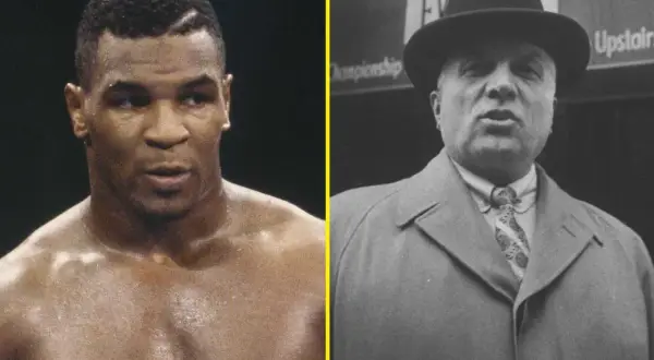 Mike Tyson's intense gaze meets the camera, a stark contrast to the distinguished gentleman in a hat and coat, who trained Mike Tyson to become a legend.