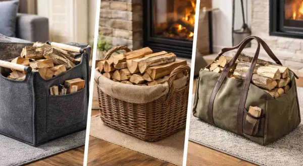 Praktische Körbe und Taschen zum brennholz neben kamin lagern. Gemütliche Atmosphäre mit brennendem Kamin im Hintergrund.