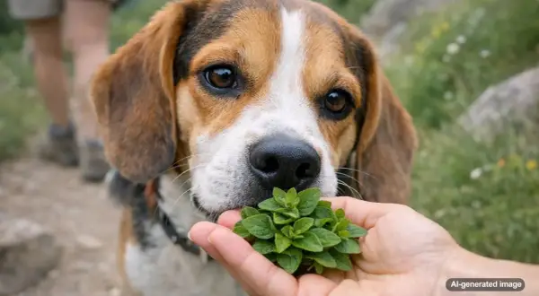 A beagle sniffs a sprig of oregano held in a hand. Curious about is oregano safe for dogs, this pup investigates the herb.