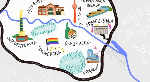 Mapa Berlina z zaznaczonymi dzielnicami, jak Kreuzberg, Friedrichshain, Neukölln, które bywają określane jako niebezpieczne dzielnice Berlina.
