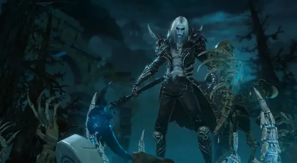 Mroczny nekromanta z Diablo 2, z kosą i szkieletami, gotowy do walki.