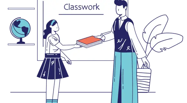 Un insegnante consegna libri a uno studente, mostrando un profilo di funzionamento scolastico. Sullo sfondo, un globo e piante.