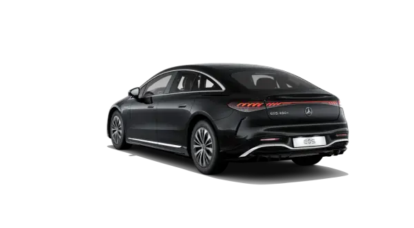 Elegancki, czarny Mercedes EQS 450+ z charakterystycznym pasem świateł z tyłu.