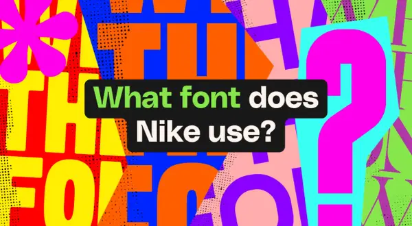 Bold, colorful letters and shapes form a vibrant background. A black speech bubble asks, "What font does Nike use?