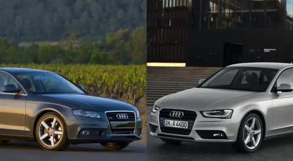Dwa Audi A4 B8 2.0 TDI, jeden ciemny na tle winnicy, drugi srebrny przed nowoczesnym budynkiem. Jaki olej do Audi A4 B8 2.0 TDI?