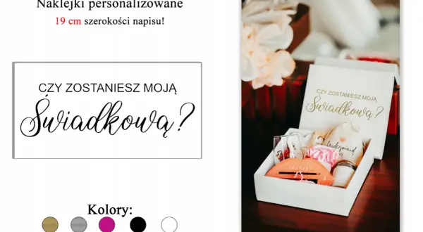 Złota naklejka z napisem "Czy zostaniesz moją świadkową?" na białym tle i w pudełku prezentowym.