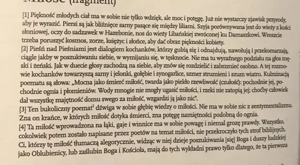 Fragment "Miłości" Anny Kamińskiej. Pieśń nad Pieśniami jako dialog kochanków, opis miłości jako siły nie do ugaszenia.