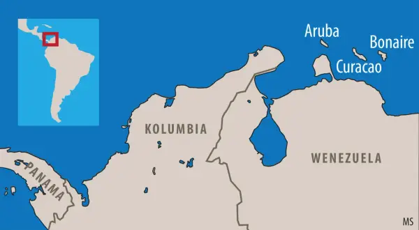 Mapa Karaibów: Aruba, Bonaire i Curacao leżą przy wybrzeżu Wenezueli i Kolumbii.