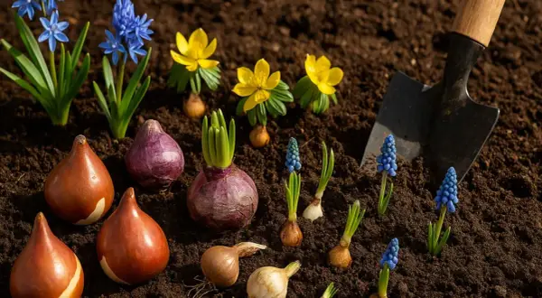 Wiosenne kwiaty i cebulki ozdobne, gotowe do sadzenia. Wśród nich tulipany, hiacynty, szafirki i zimowity.