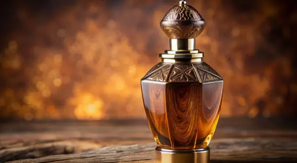 Elegancka butelka perfum z płynem o barwie bursztynu, ozdobiona złotymi detalami. To esencja zapachu oud, tajemnicza i bogata.