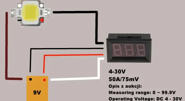 Schemat pokazuje, jak podłączyć amperomierz do LED 10W i baterii 9V. Amperomierz mierzy prąd w zakresie 0-50A.