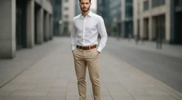 Elegancki mężczyzna w białej koszuli i jasnych spodniach, idealny przykład, jaka koszula do jasnych spodni pasuje na co dzień i do pracy.