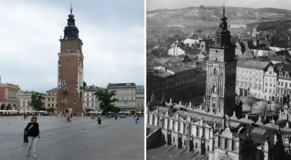 Kraków opis miasta: Ratusz na Rynku Głównym dziś i dawniej. W tle widać wzgórza otaczające miasto.