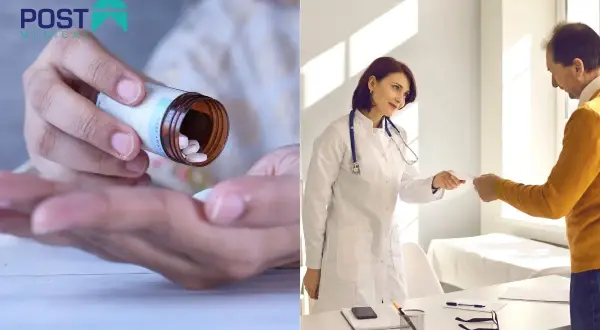 Leczenie psychiatryczne a praca: lekarz przekazuje pacjentowi receptę, a w tle widać dłoń z tabletkami.