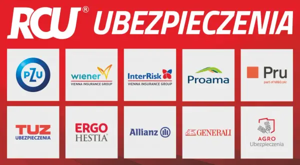 Logotypy znanych agencji ubezpieczeniowych: PZU, Wiener, InterRisk, Proama, Pru, TUZ, Ergo Hestia, Allianz, Generali, Agro Ubezpieczenia.