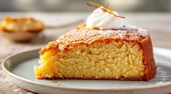 En bit saftig saffranskladdkaka utan vit choklad, toppad med vispgrädde och saffransstrån.