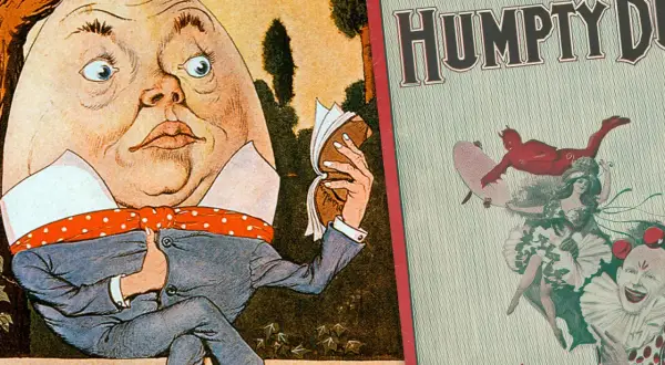 Humpty Dumpty siedzi, czyta książkę. Obok plakat "Humpty Dumpty" z diabłem i klaunem. Królu mój tekst.